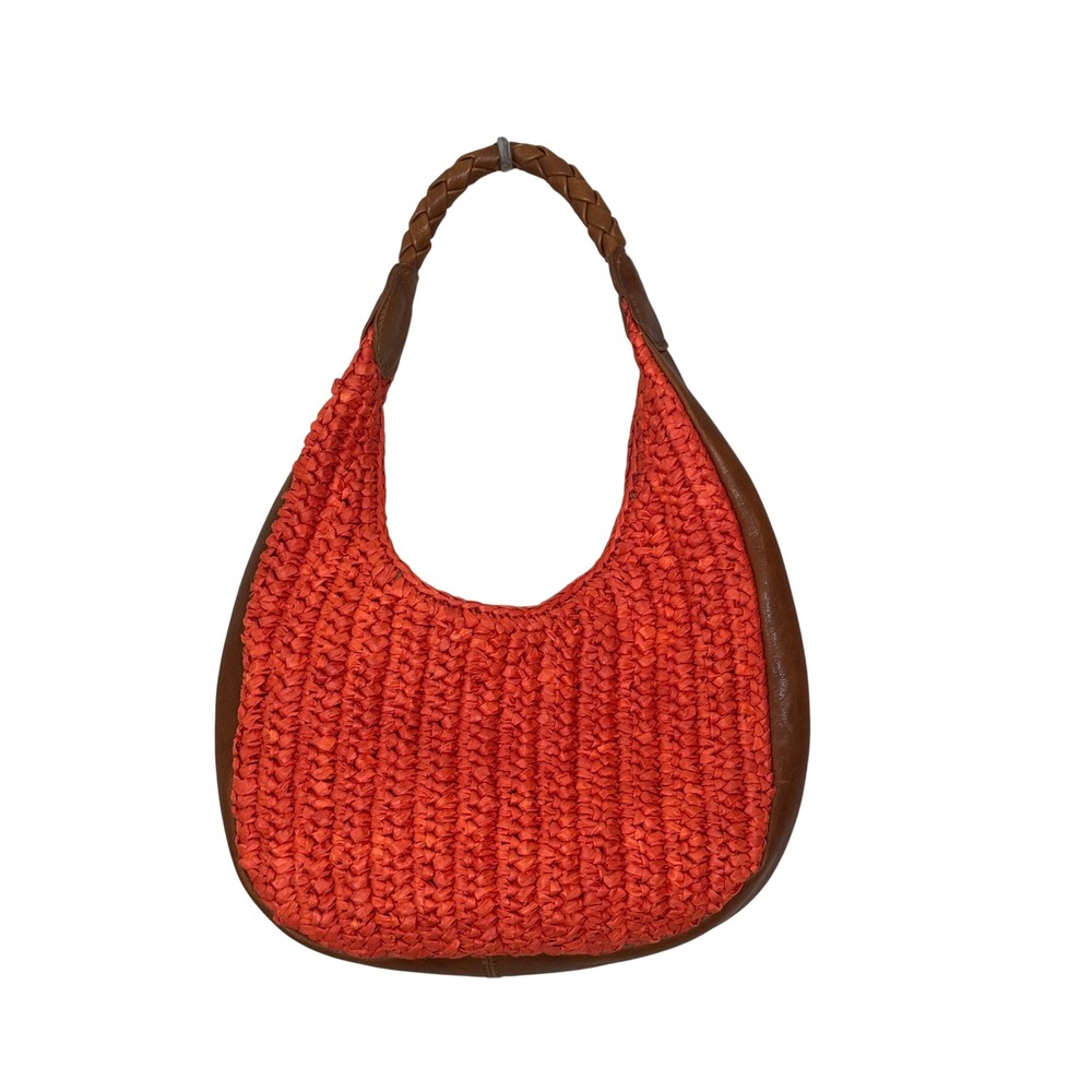 Rodeo Bar Style Raffia Hobo Bag‎ Orange Leather Trim Braided Strap Crescent